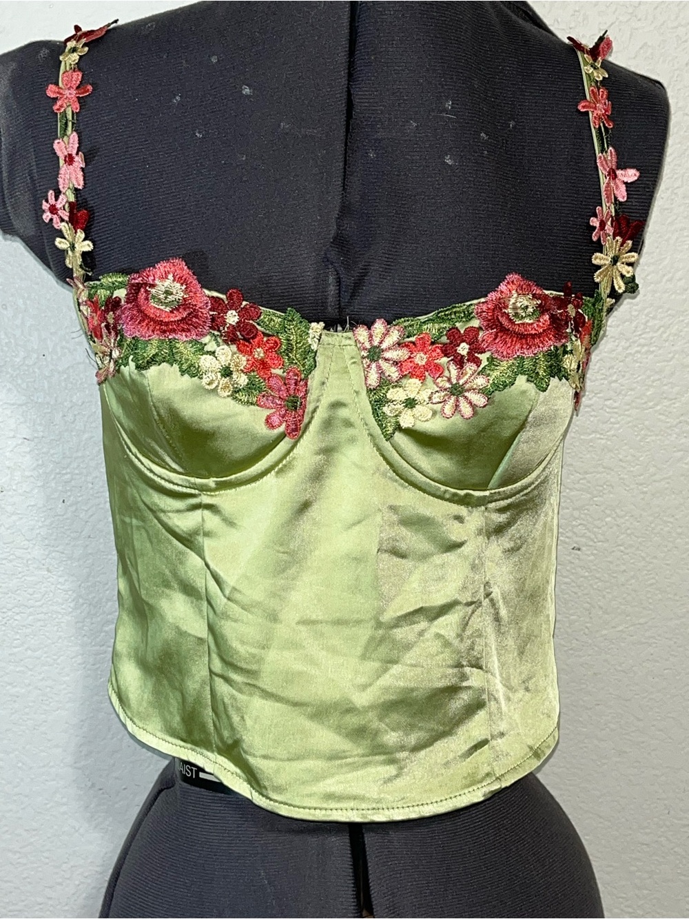 Princess Polly Sage Green Satin Floral Trim Bustier